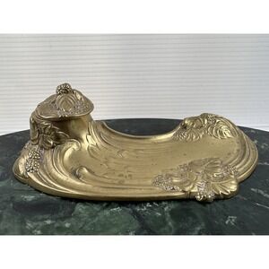 Vintage Art Nouveau Brass Grapevine Inkstand Desk Tray Inkwell Holder 8"